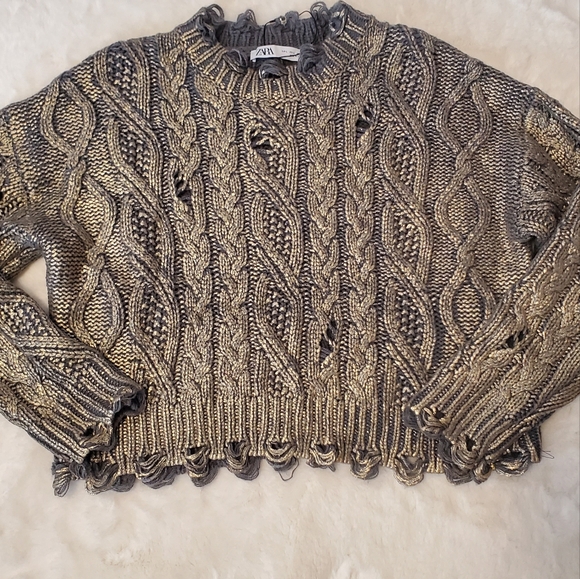 ZARA NEW WOMAN CABLE-KNIT METALLIC SWEATER FRAYED RIPPED BLUE GREY S-L - Picture 4 of 14